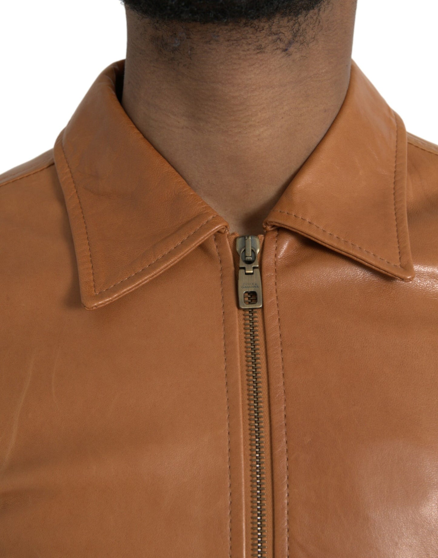 Dolce &amp; Gabbana Brown Lamb Leather Full Zip Blouson Jacket