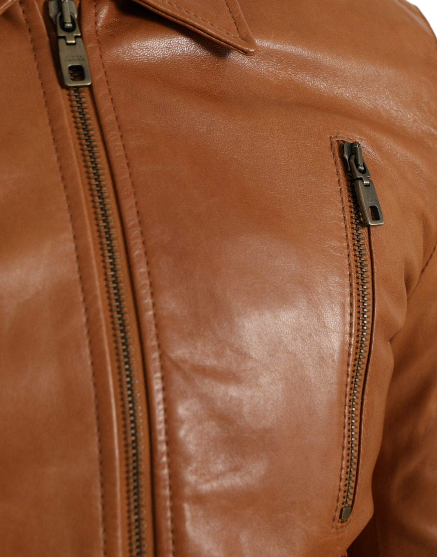 Dolce &amp; Gabbana Brown Lamb Leather Full Zip Blouson Jacket