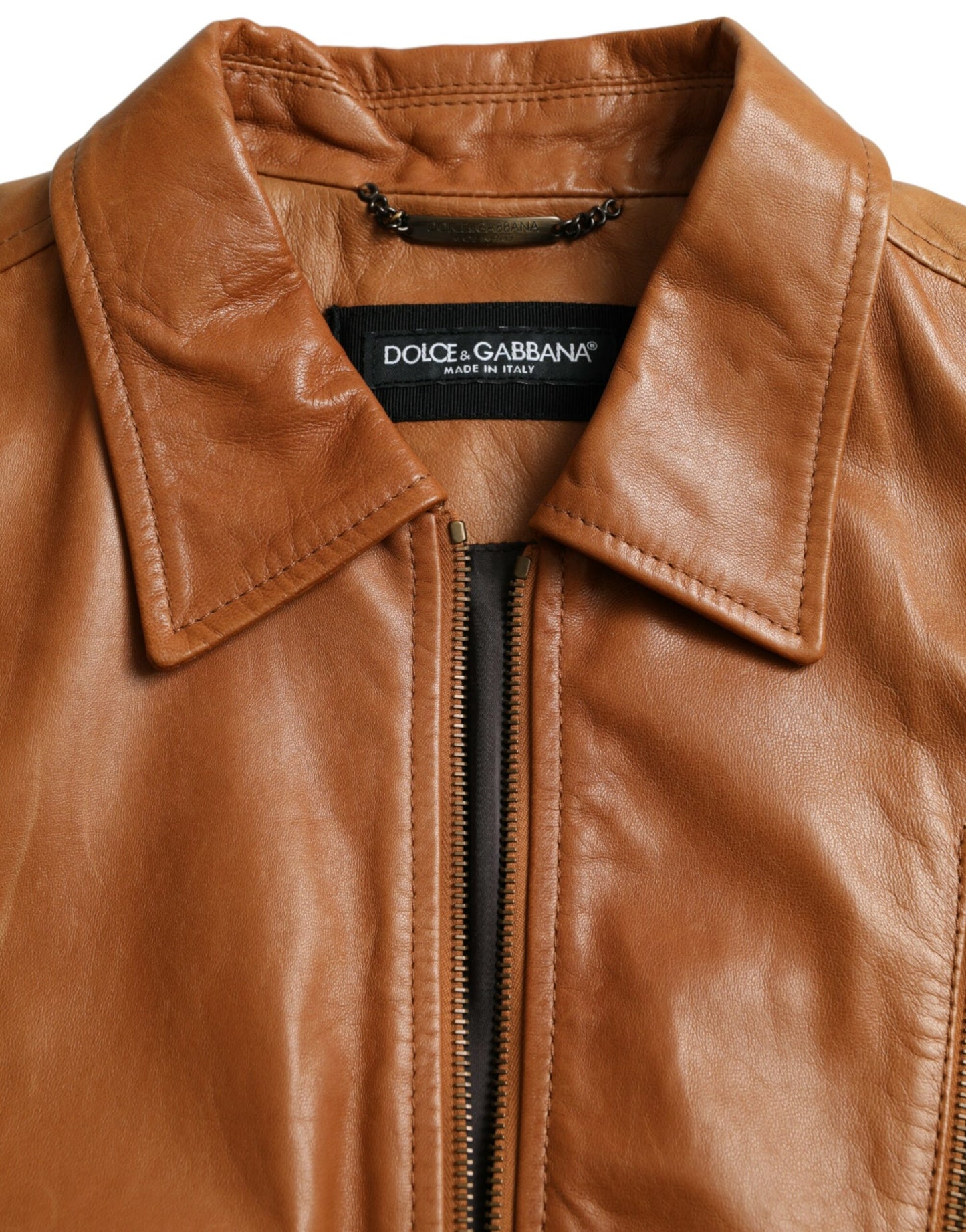 Dolce &amp; Gabbana Brown Lamb Leather Full Zip Blouson Jacket