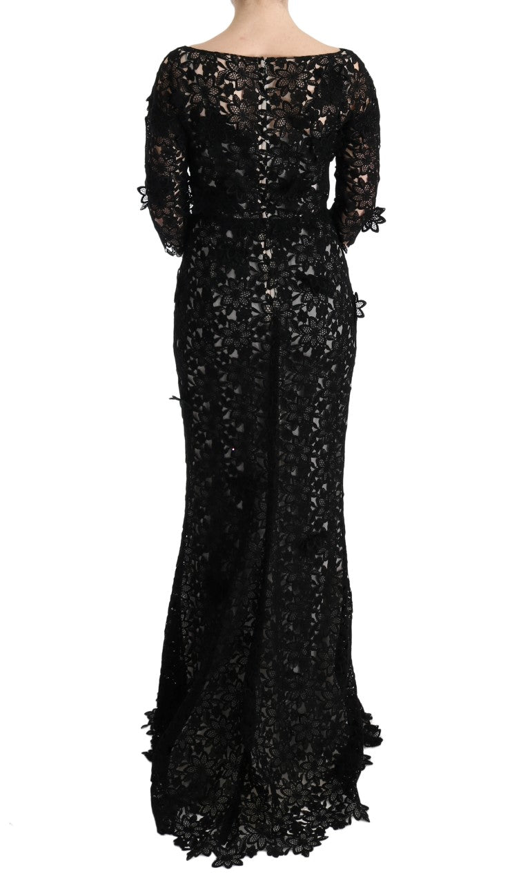 Dolce & Gabbana Elegant Black Maxi Shift Dress with Floral Applique