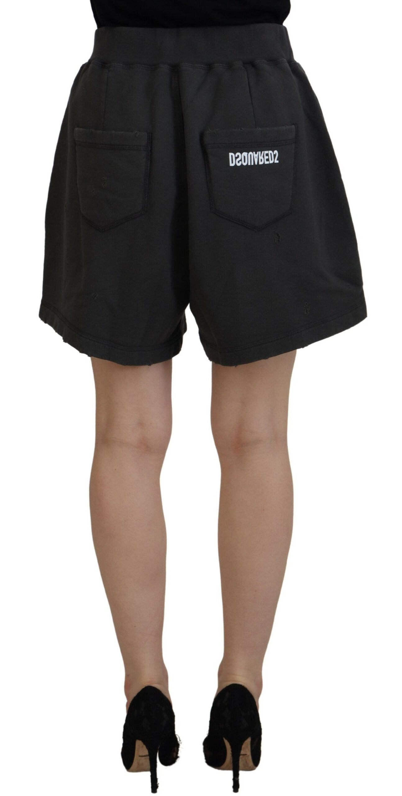 Dsquared² Black Cotton Mid Waist Tattered Tapered Shorts