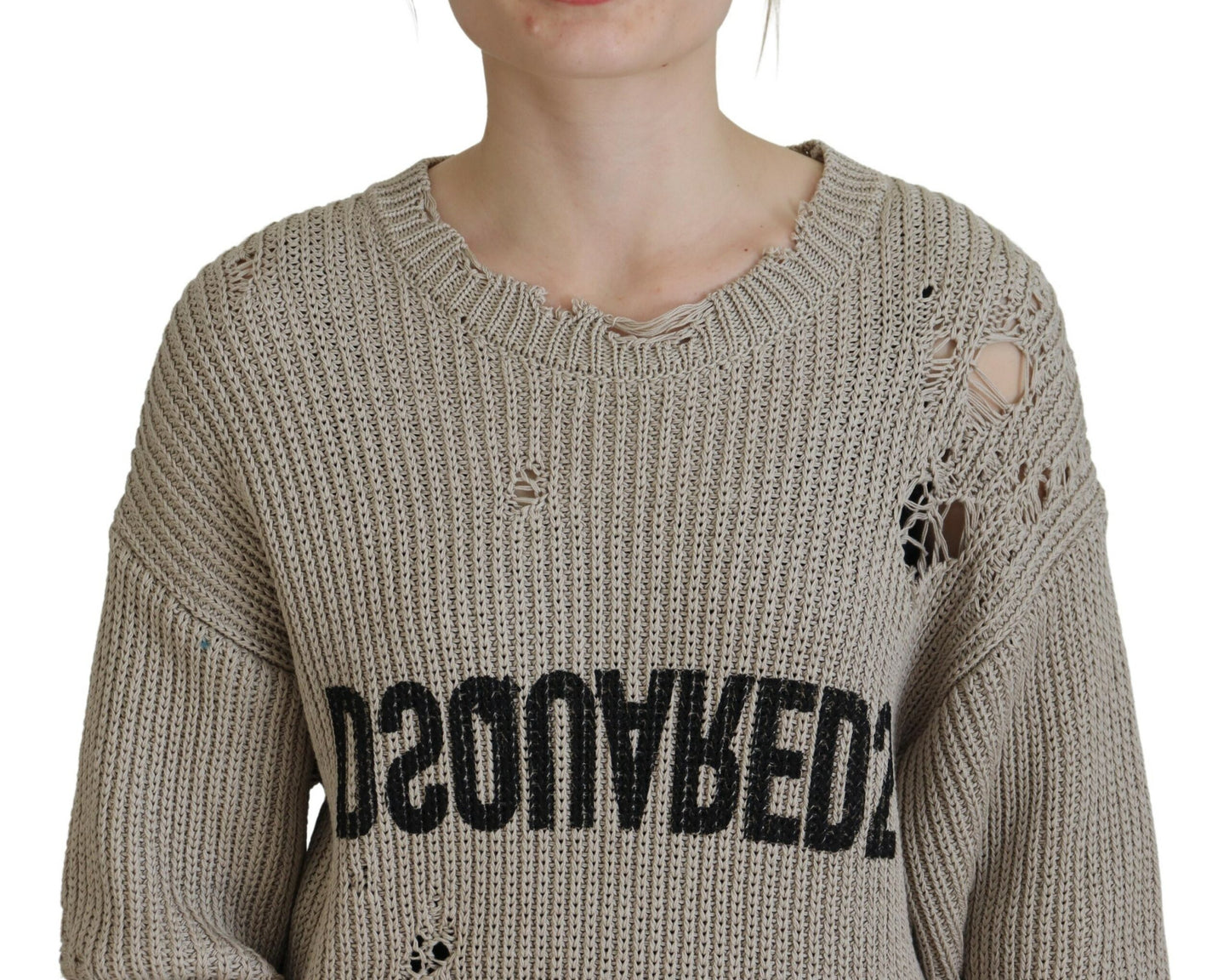 Dsquared² Beige Cotton Knitted Crewneck Pullover Sweater