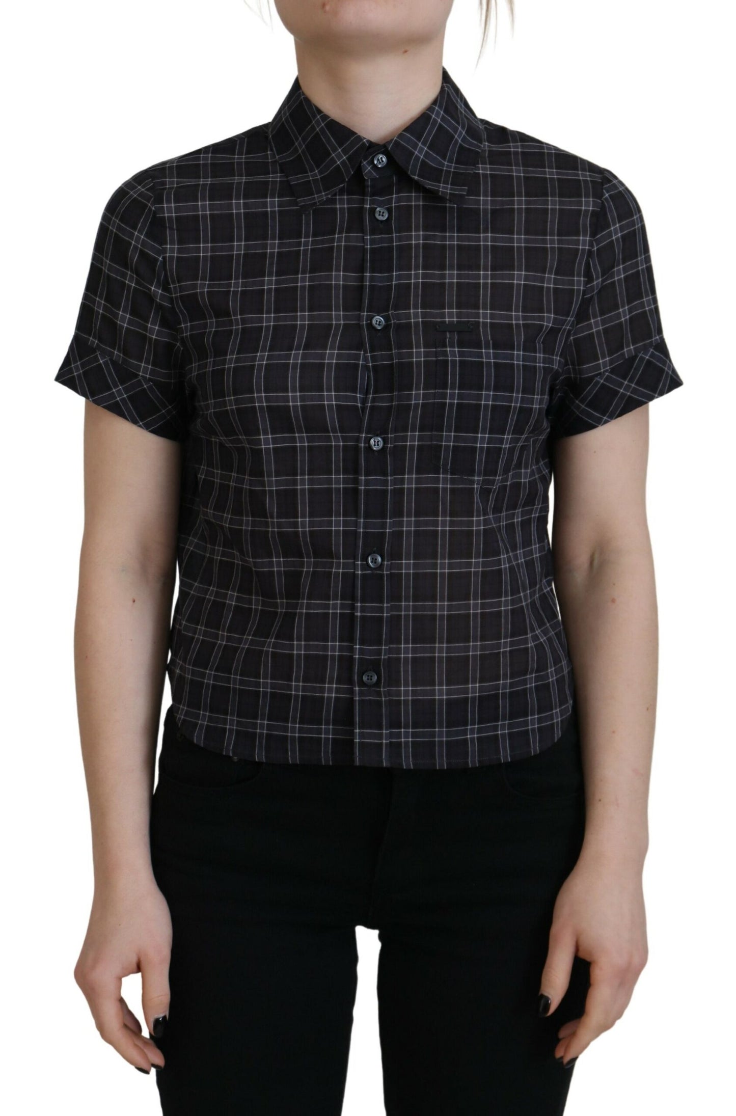 Dsquared² Black Checkered Collared Button Short Sleeves Top