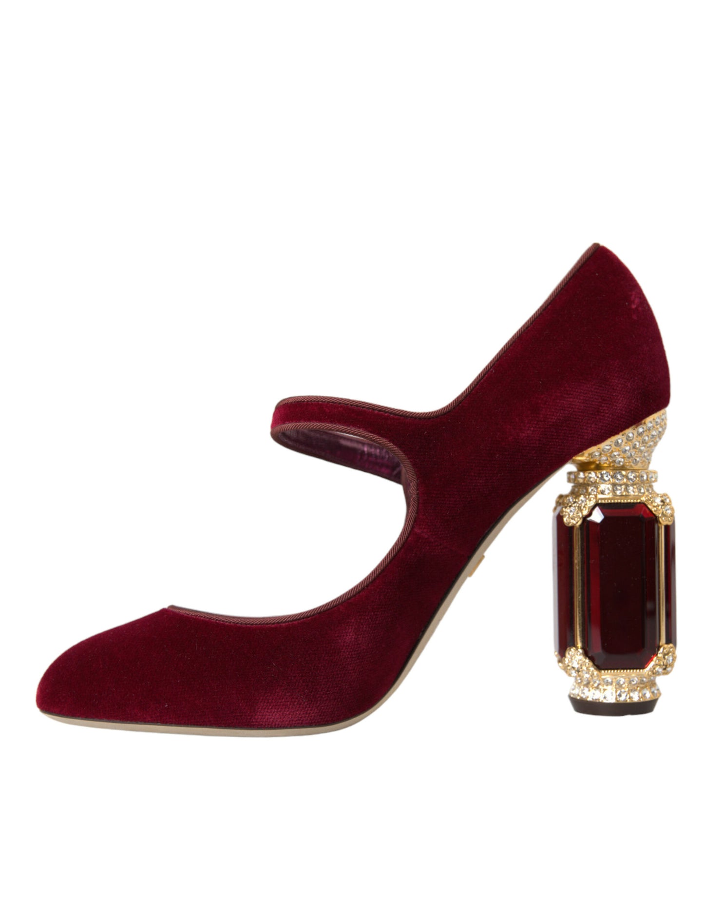 Dolce &amp; Gabbana Red Velvet Gold Crystals Heels Mary Jane Shoes