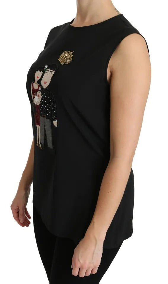 Dolce & Gabbana Black Silk DG Family Crystal Sleeveless Top