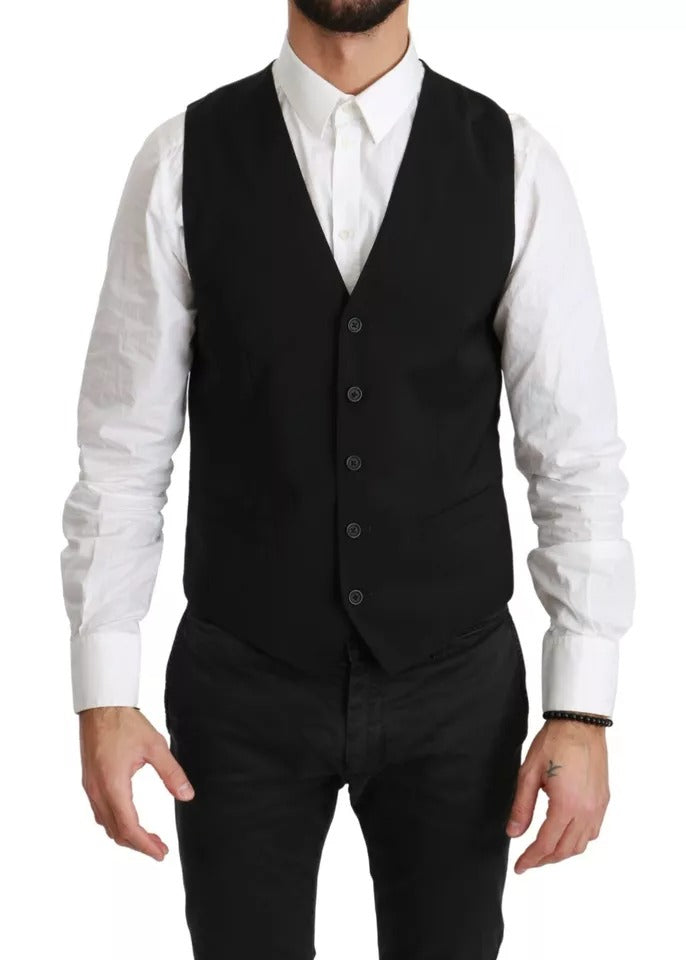 Dolce & Gabbana Black Wool Stretch Waistcoat Formal Dress Vest