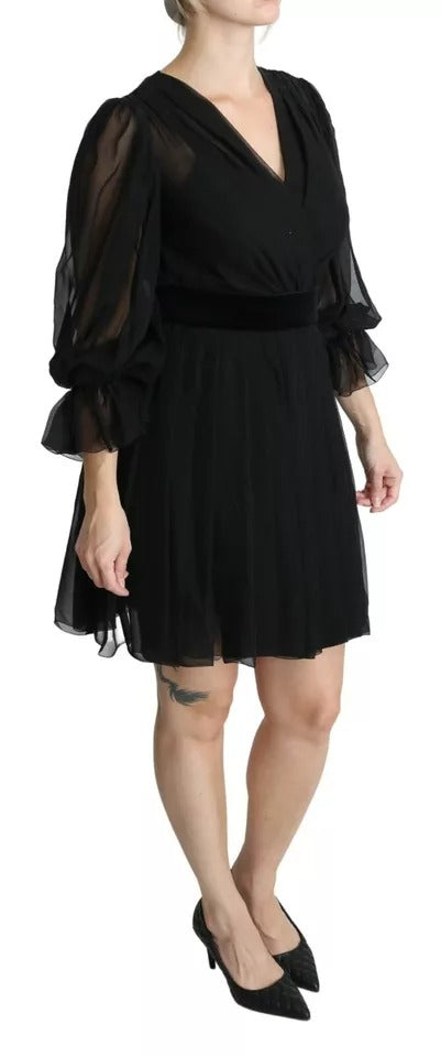 Dolce & Gabbana Black Mesh Pleated Mini Silk Blend Dress