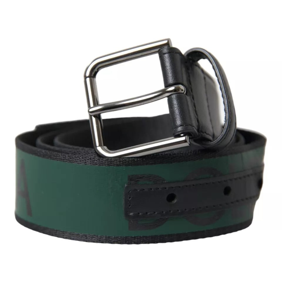 Dolce &amp; Gabbana Black Green Leather Silver Metal Buckle Belt