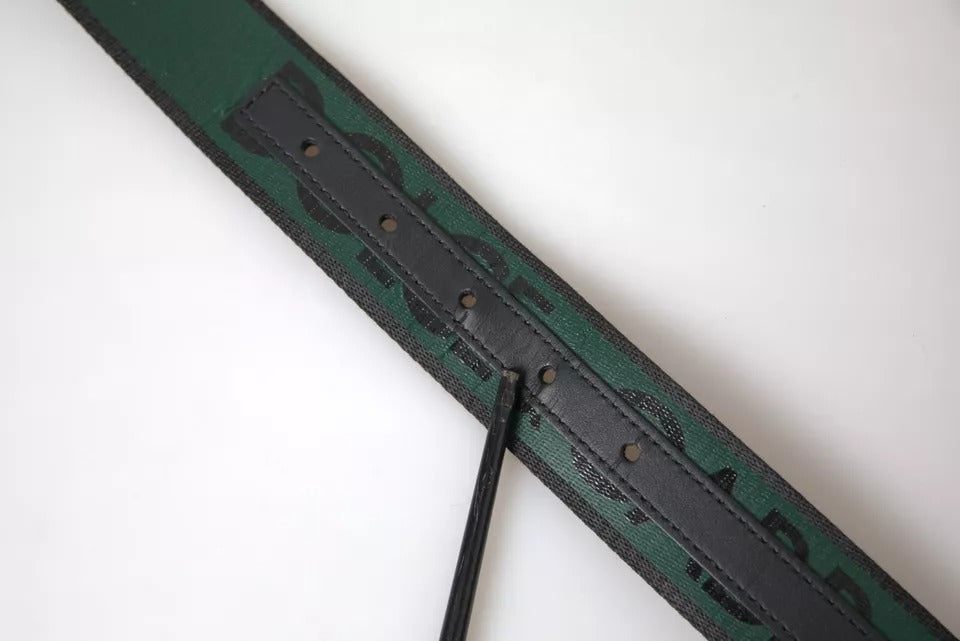 Dolce &amp; Gabbana Black Green Logo Silver Metal Buckle Belt