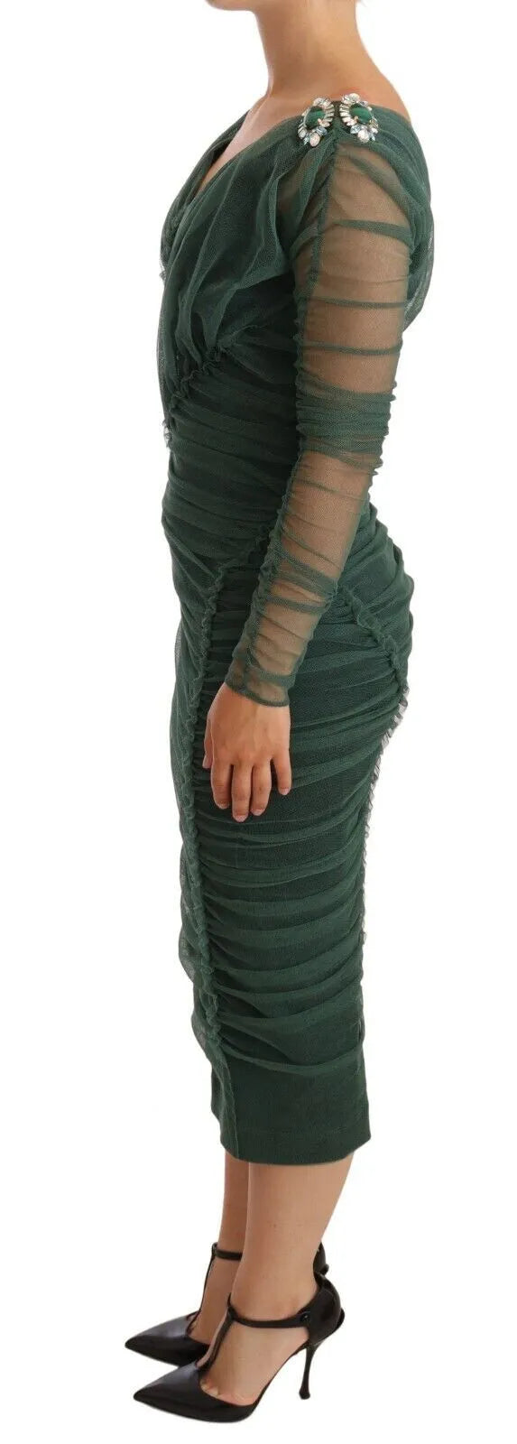 Dolce & Gabbana Green Ruched Stretch Tulle Crystal Midi Dress