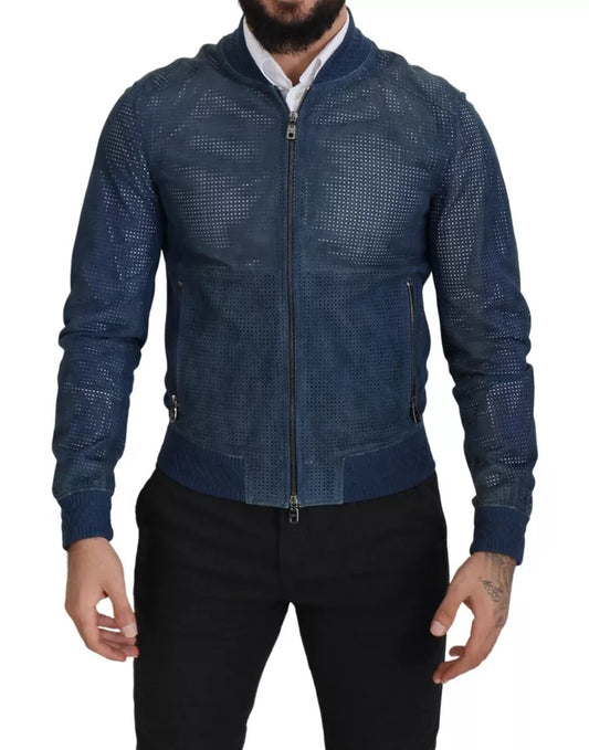 Dolce & Gabbana Blue Leather Perforated Full Zip Jacket