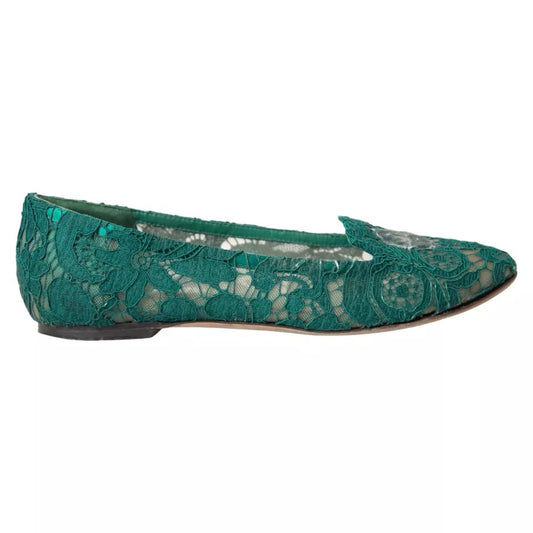 Dolce & Gabbana Green Taormina Lace Slip On Flats Shoes