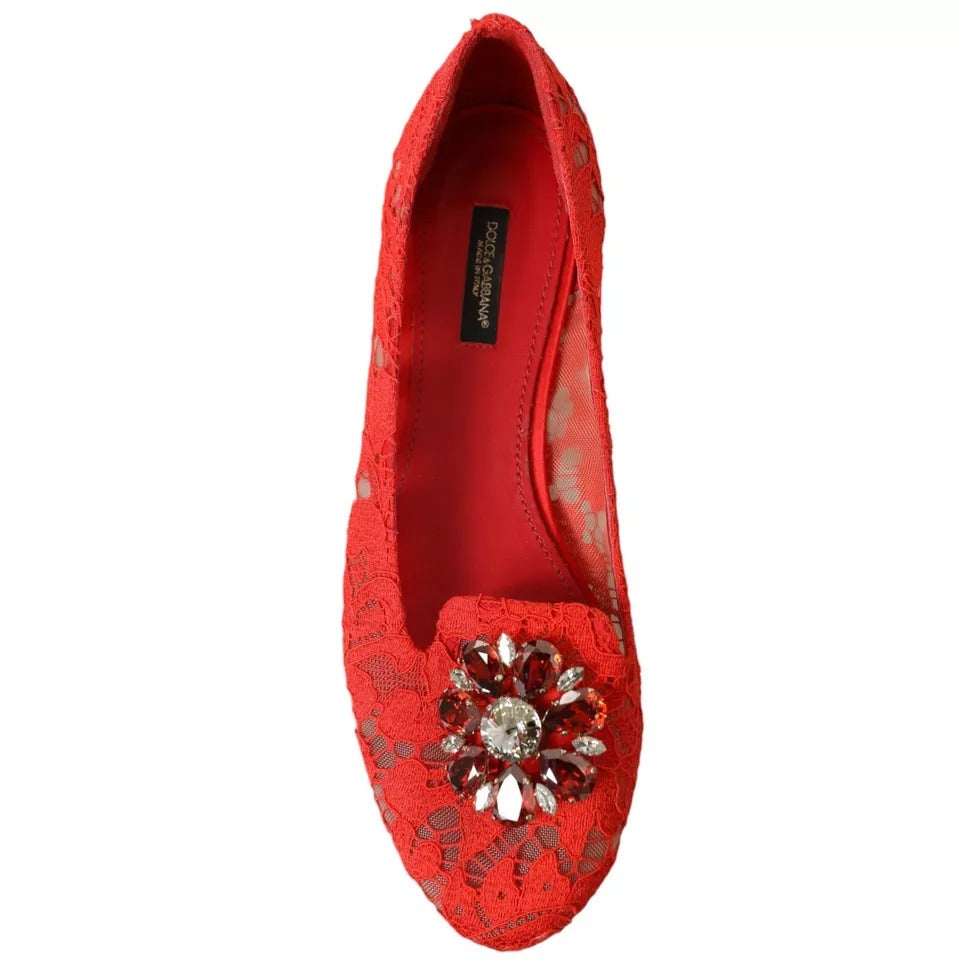 Dolce & Gabbana Red Lace Crystal Ballet Loafers Shoes