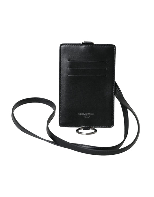 Dolce &amp; Gabbana Black Calf Leather Lanyard Logo Card Holder Men Wallet