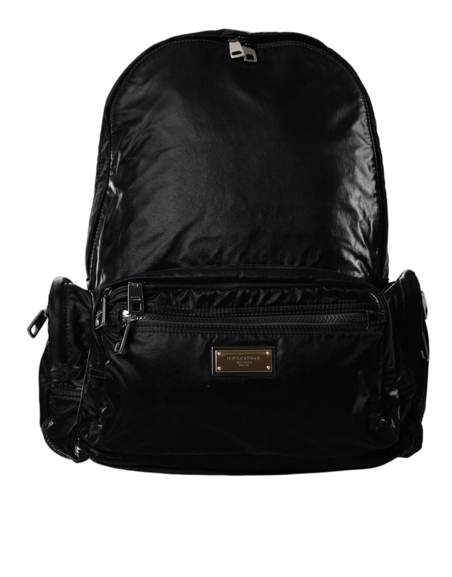 Dolce &amp; Gabbana Black Patent Leather Logo Plaque Backpack Bag