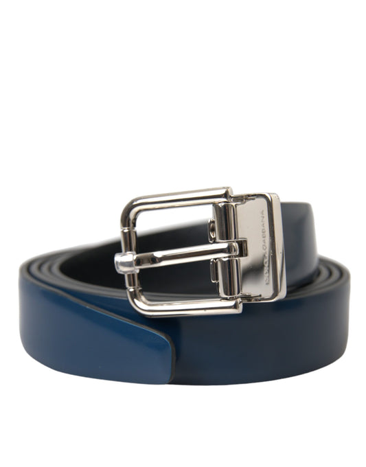 Dolce &amp; Gabbana Blue Calf Leather Silver Metal Buckle Belt Men