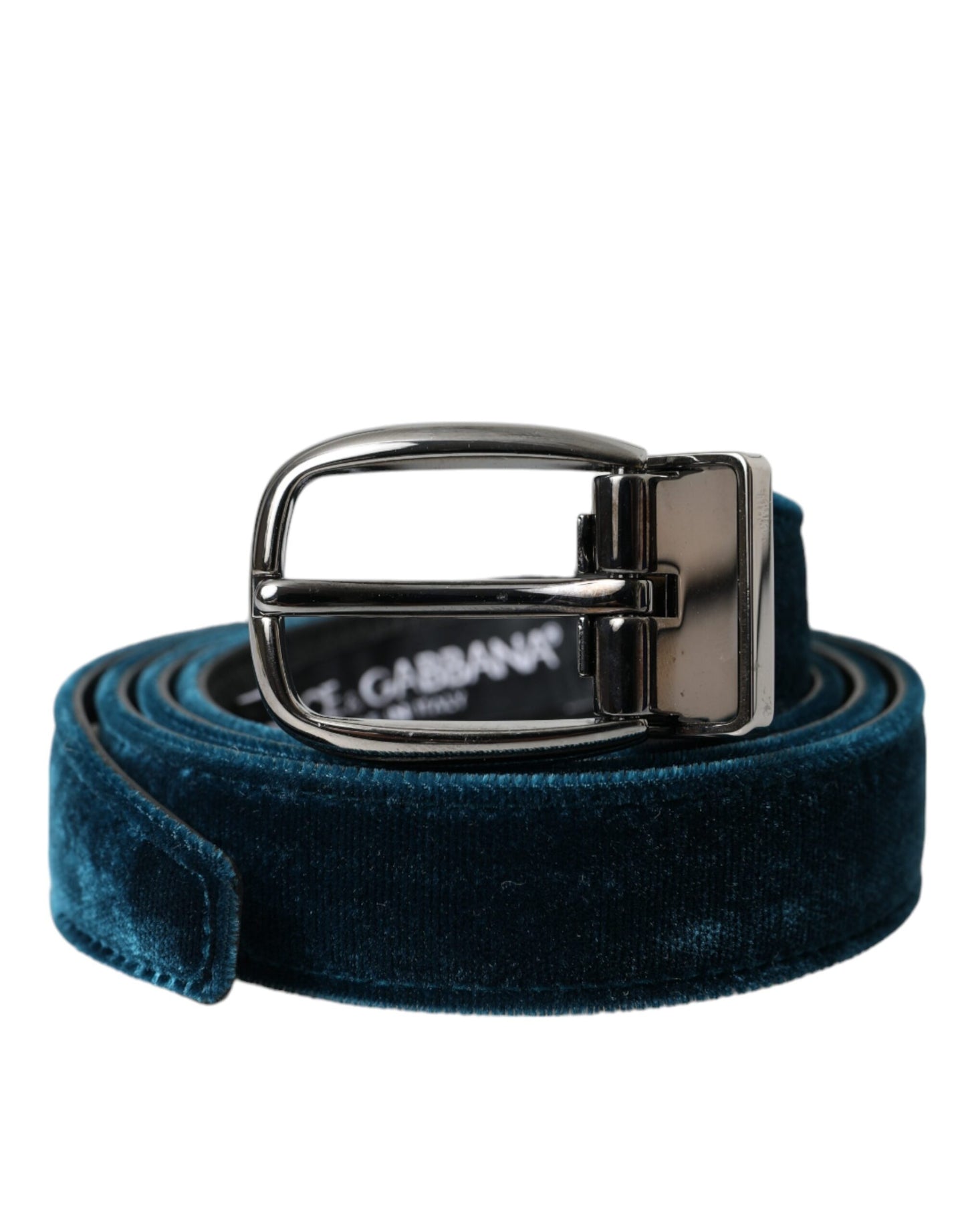 Dolce &amp; Gabbana Blue Velvet Leather Silver Metal Buckle Belt