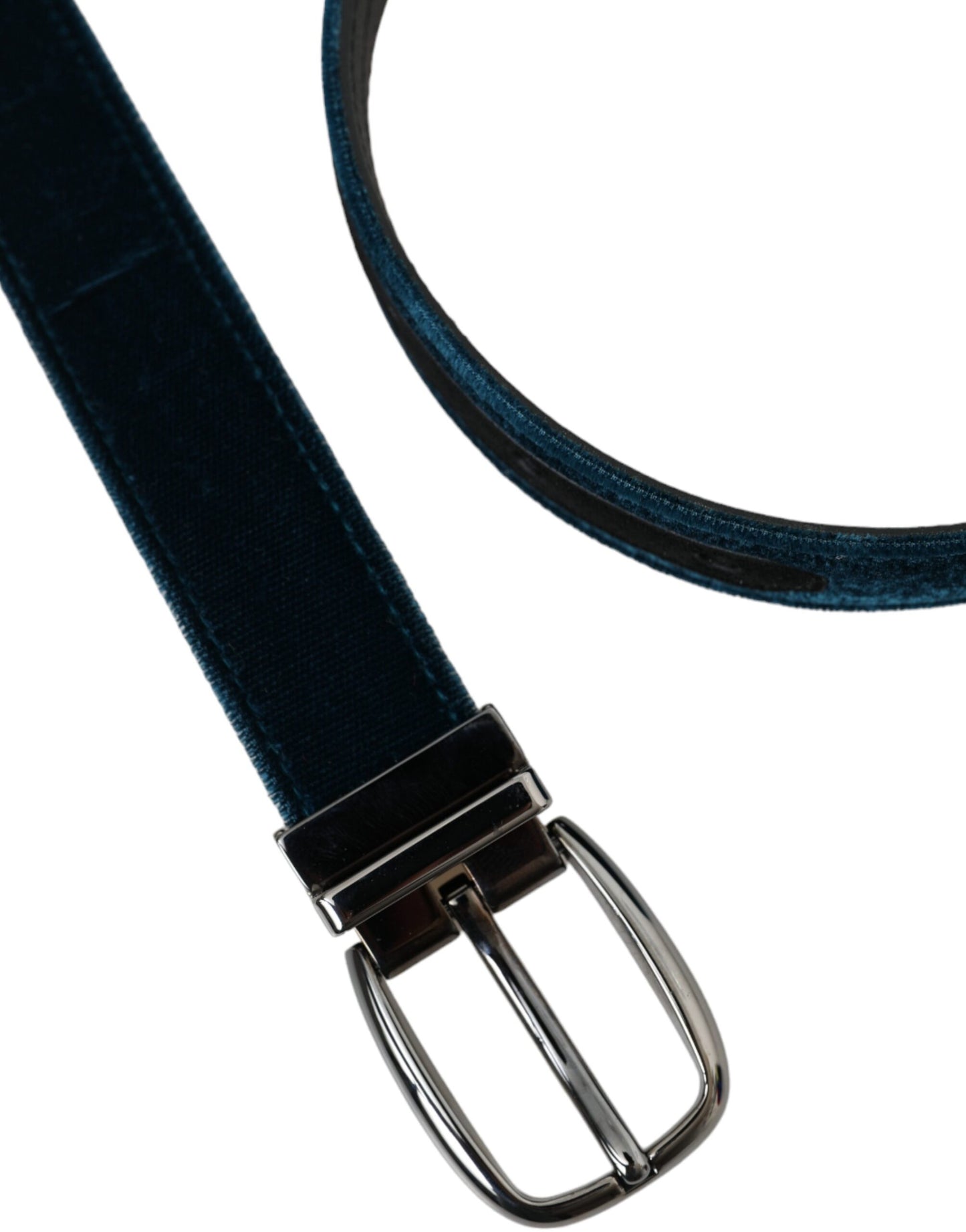 Dolce &amp; Gabbana Blue Velvet Leather Silver Metal Buckle Belt