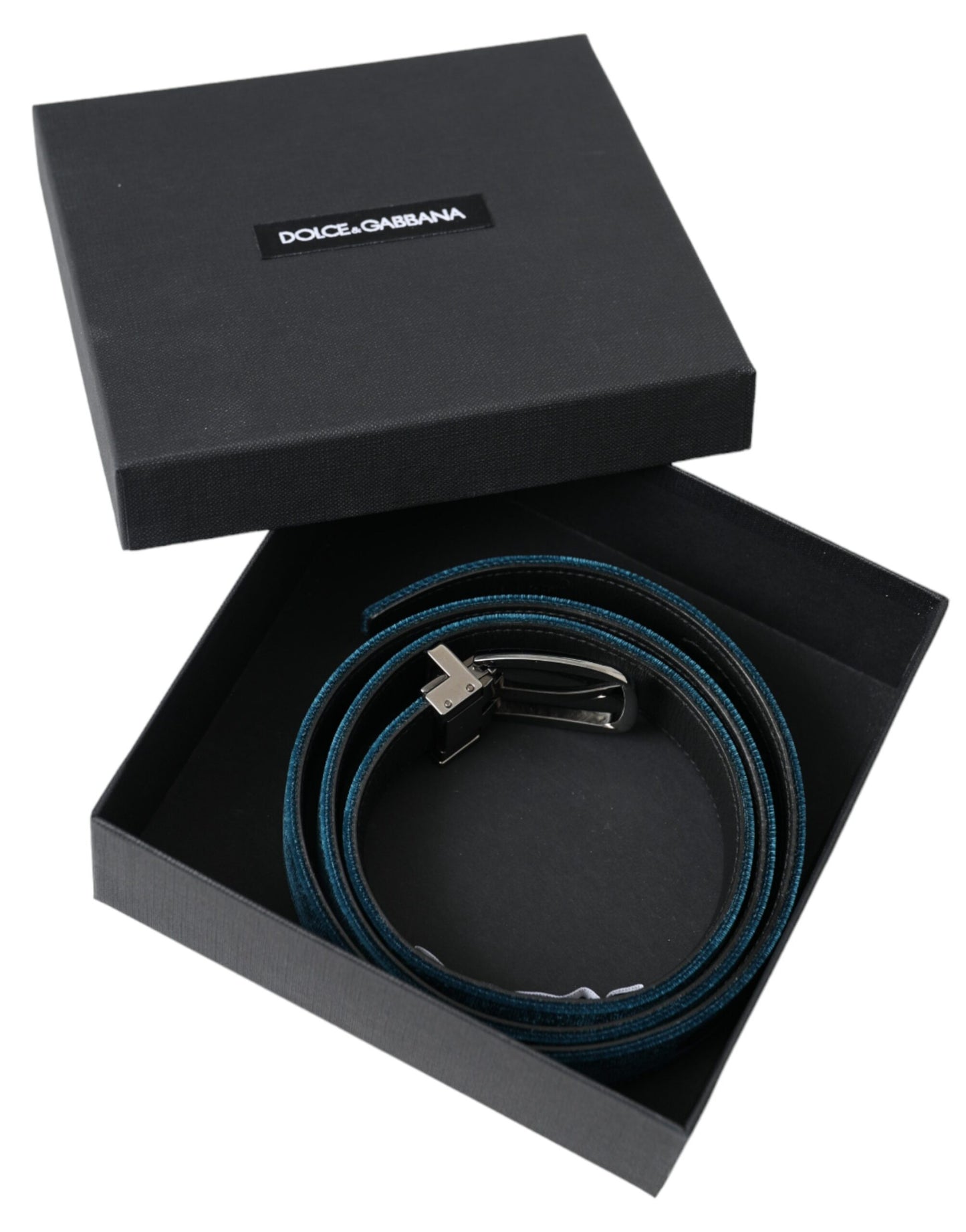 Dolce &amp; Gabbana Blue Velvet Leather Silver Metal Buckle Belt