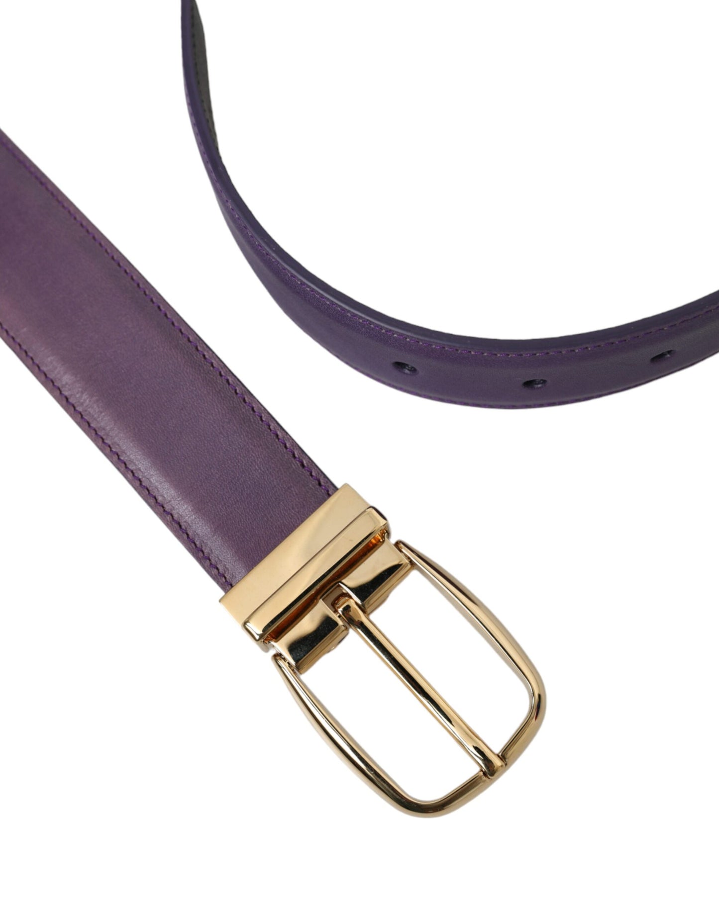 Dolce &amp; Gabbana Purple Leather Gold Metal Buckle Belt Men