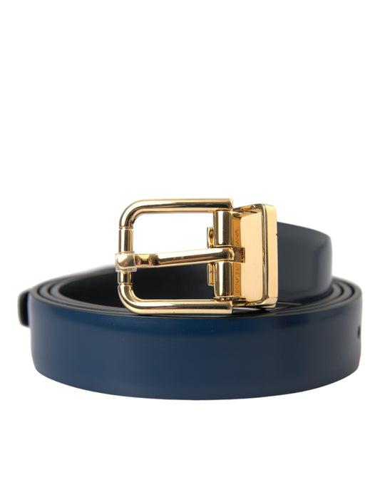 Dolce &amp; Gabbana Blue Calf Leather Gold Metal Buckle Belt Men