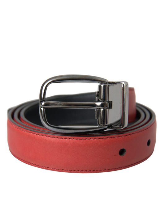 Dolce &amp; Gabbana Red Leather Silver Metal Buckle Belt Men