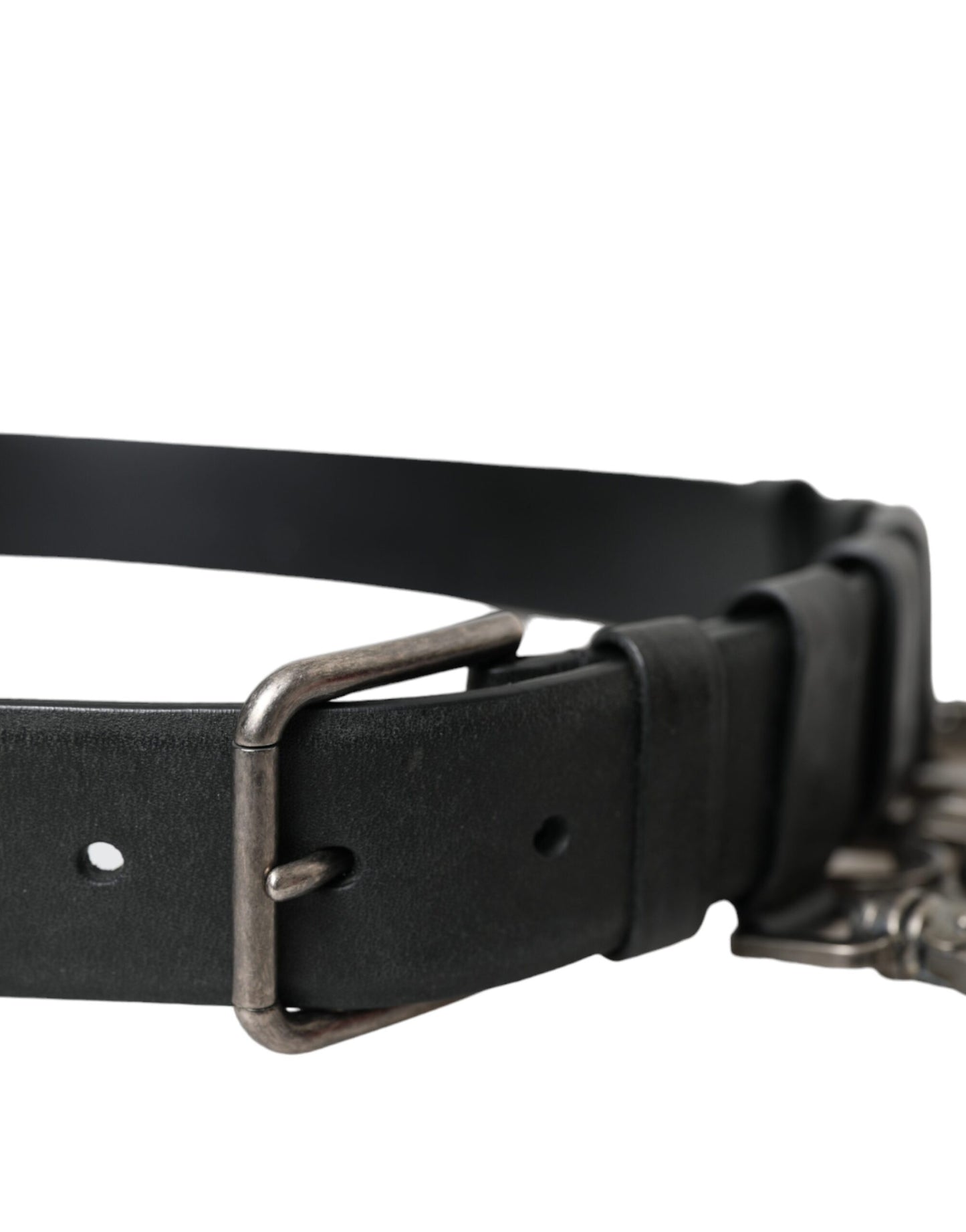 Dolce &amp; Gabbana Black Calf Leather Silver Metal Buckle Belt