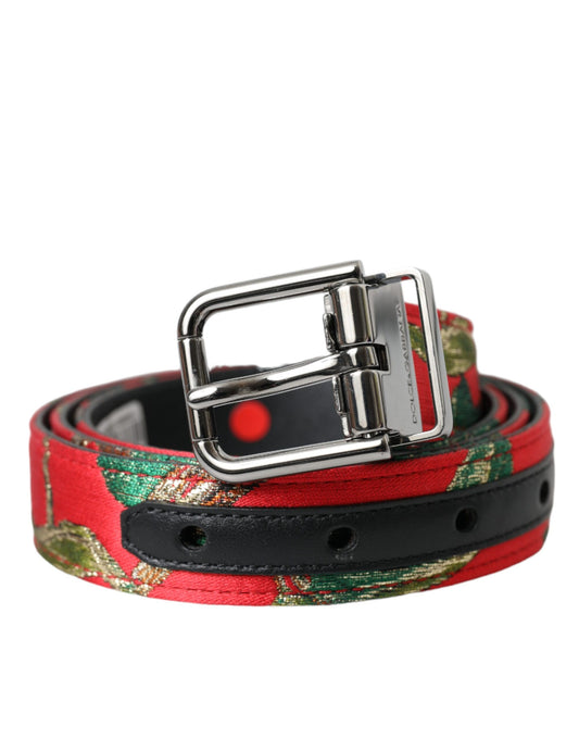 Dolce &amp; Gabbana Red Leather Jacquard Silver Metal Buckle Belt