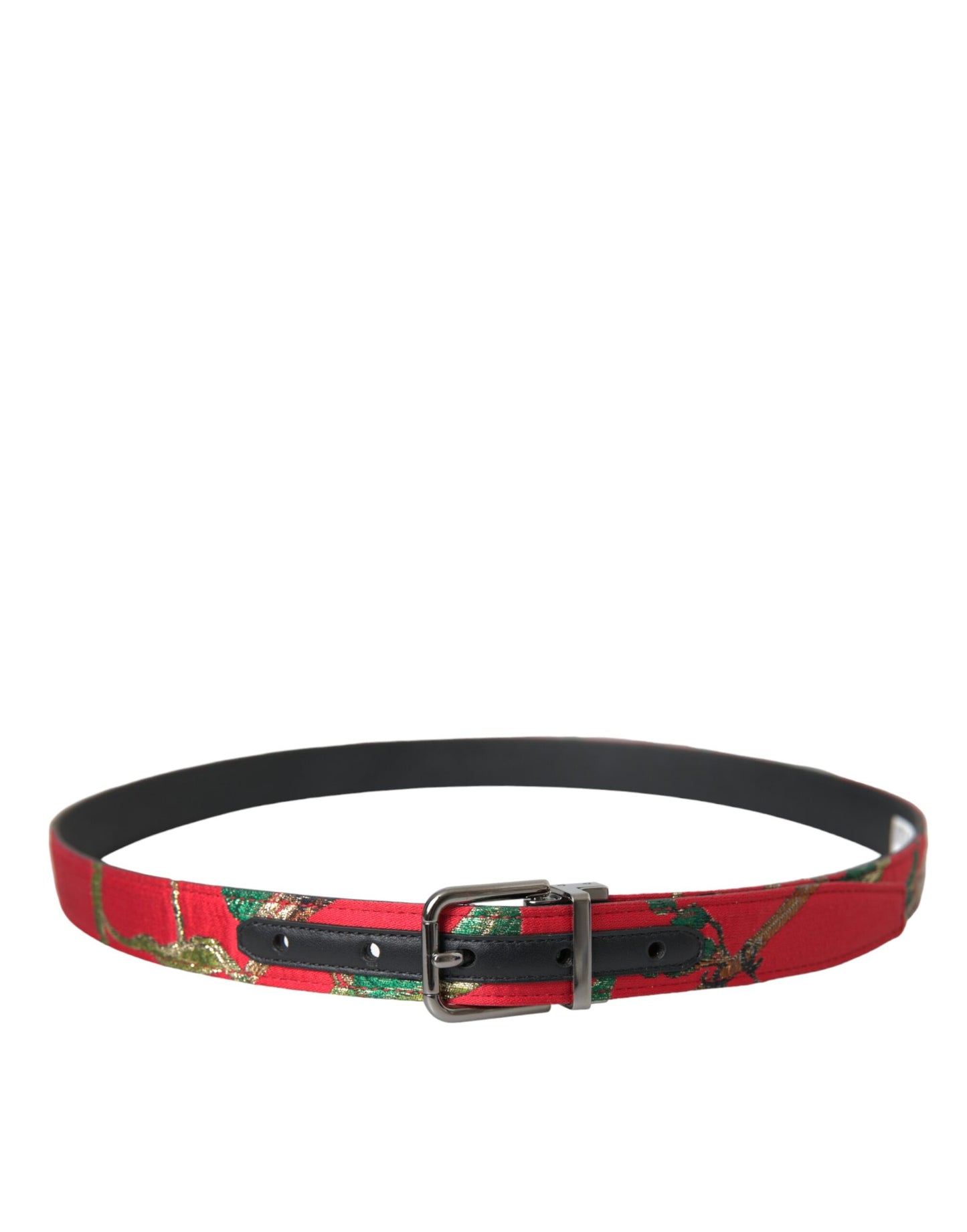 Dolce &amp; Gabbana Red Leather Jacquard Silver Metal Buckle Belt