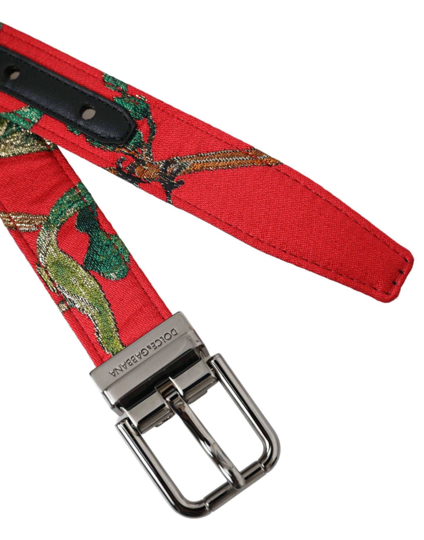 Dolce &amp; Gabbana Red Leather Jacquard Silver Metal Buckle Belt