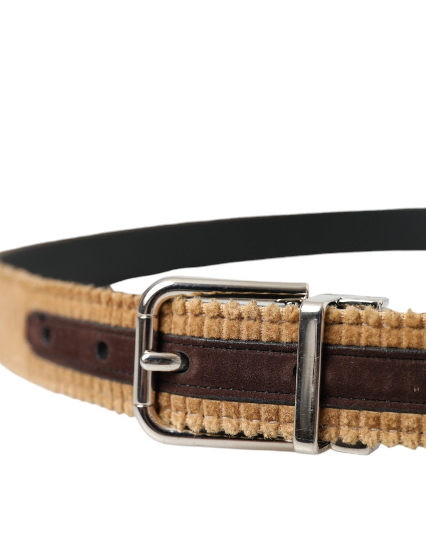 Dolce &amp; Gabbana Brown Velvet Silver Metal Buckle Belt Men