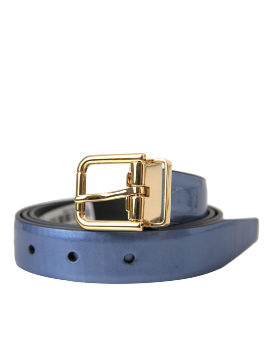 Dolce &amp; Gabbana Metallic Blue Leather Gold Metal Buckle Belt