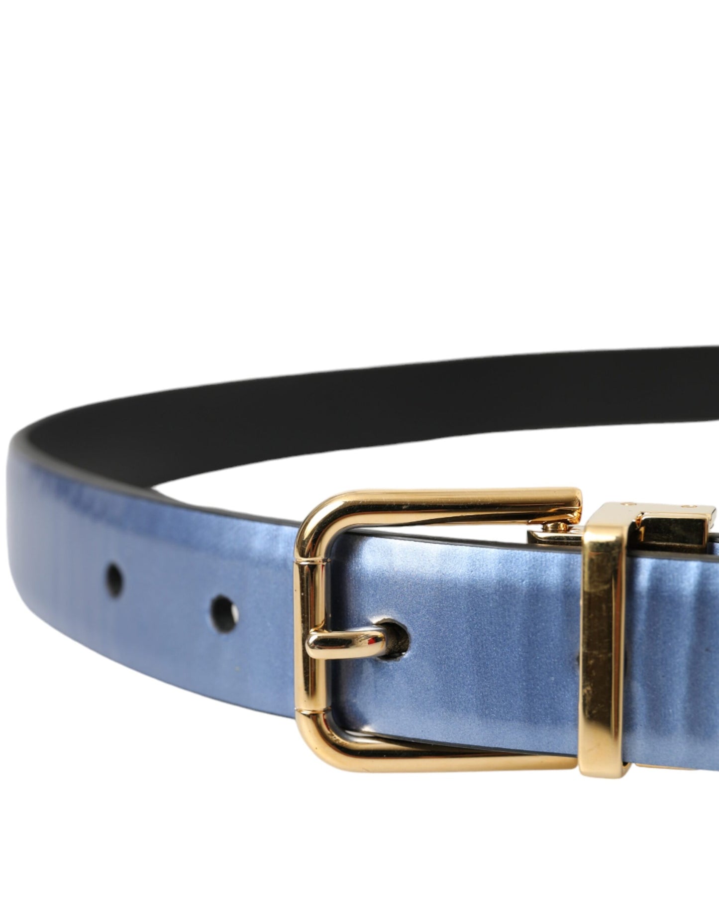 Dolce &amp; Gabbana Metallic Blue Leather Gold Metal Buckle Belt