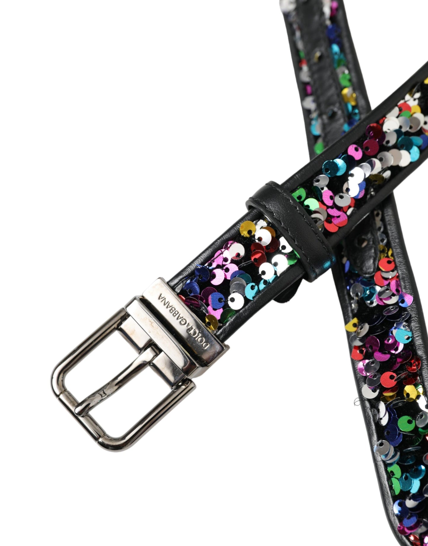 Dolce &amp; Gabbana Black Sequined Silver Metal Buckle Women Belt