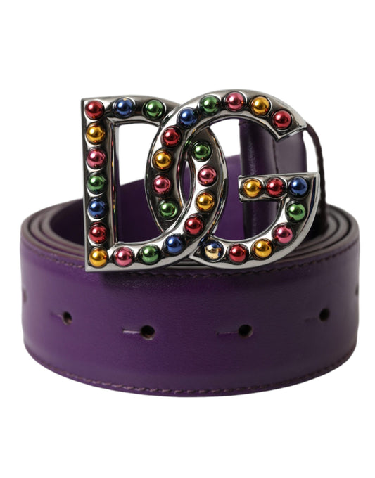 Dolce &amp; Gabbana Purple Leather DG Logo Studs Metal Buckle Belt