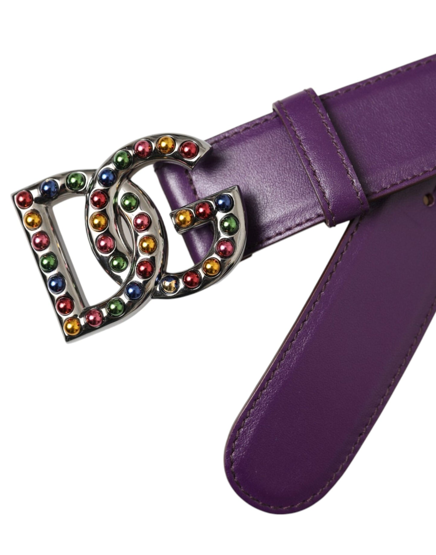 Dolce &amp; Gabbana Purple Leather DG Logo Studs Metal Buckle Belt