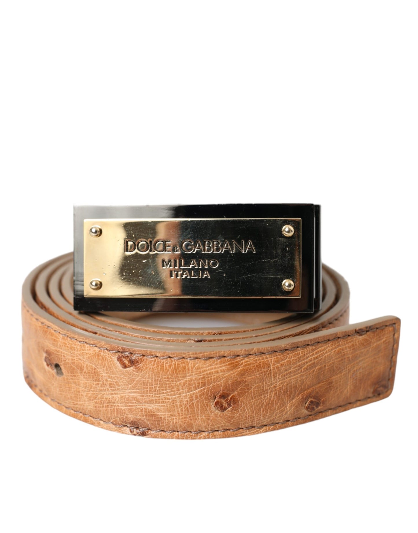 Dolce &amp; Gabbana Beige Leather Gold Logo Engraved Buckle Belt