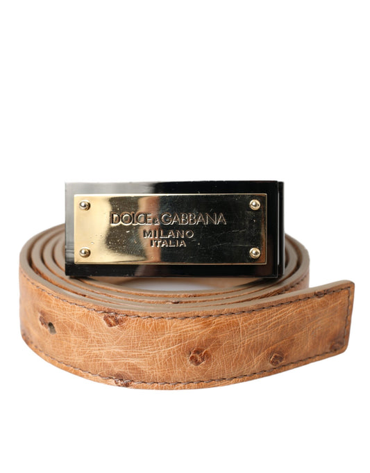 Dolce &amp; Gabbana Beige Leather Gold Logo Engraved Buckle Belt