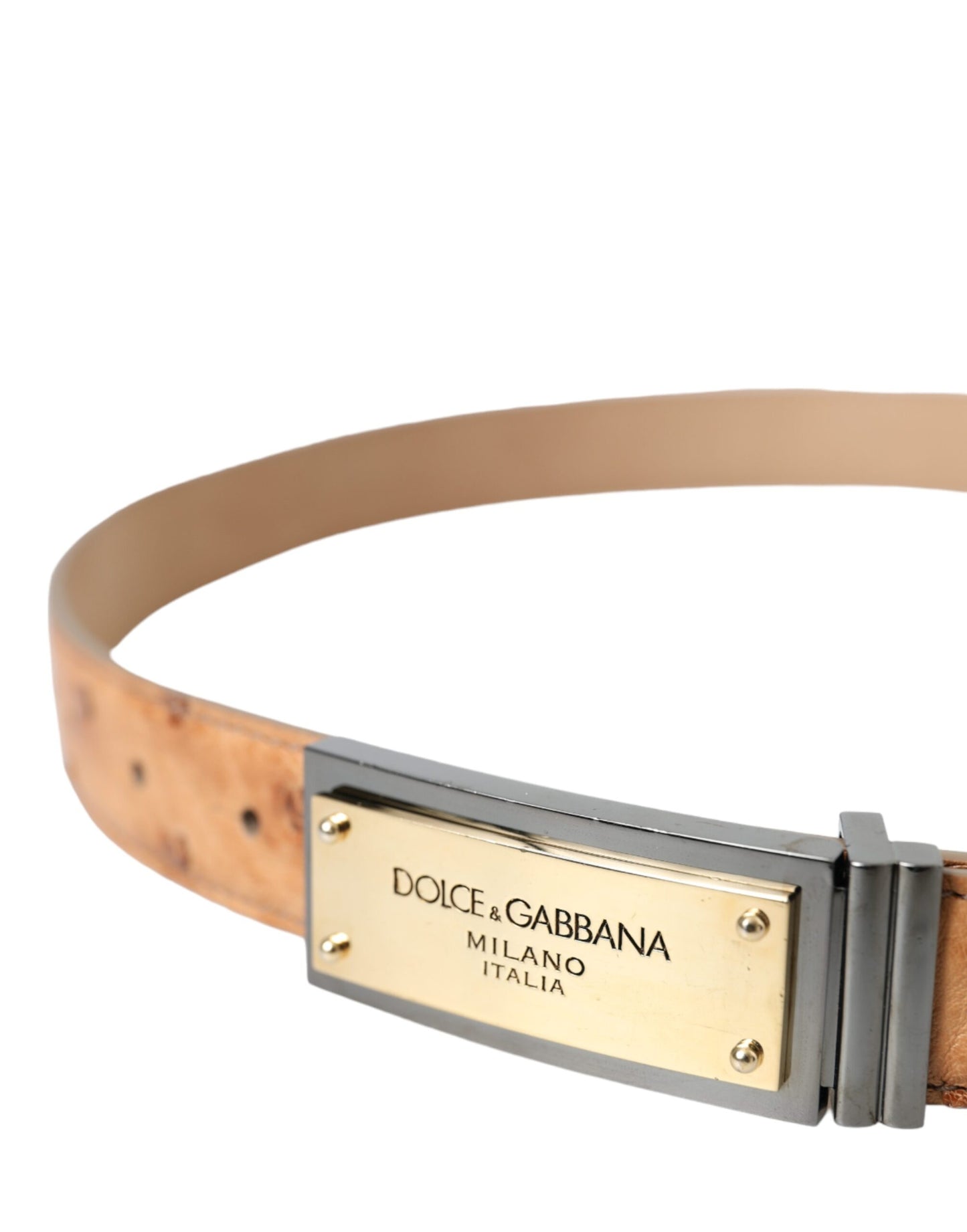 Dolce &amp; Gabbana Beige Leather Gold Logo Engraved Buckle Belt