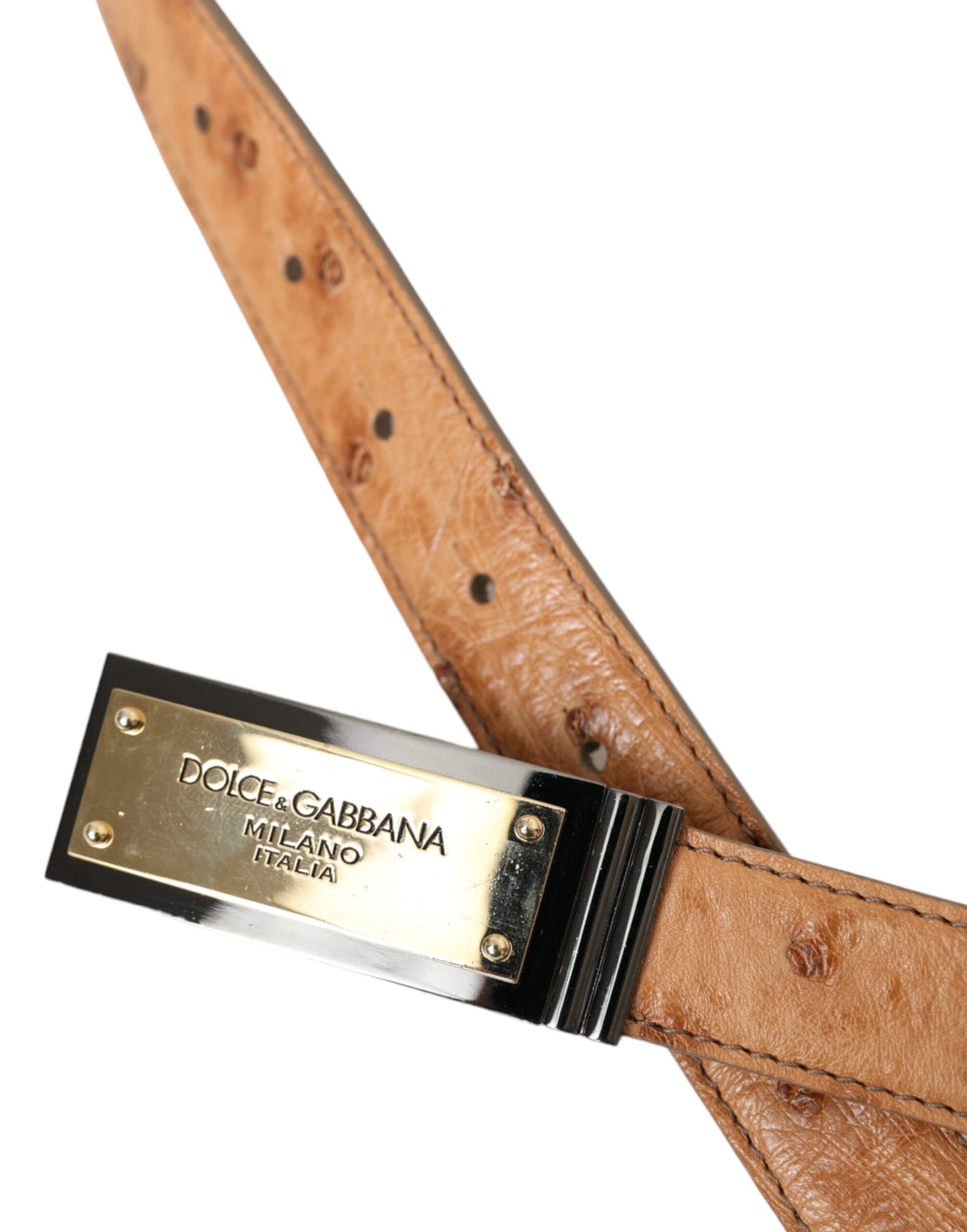 Dolce &amp; Gabbana Beige Leather Gold Logo Engraved Buckle Belt