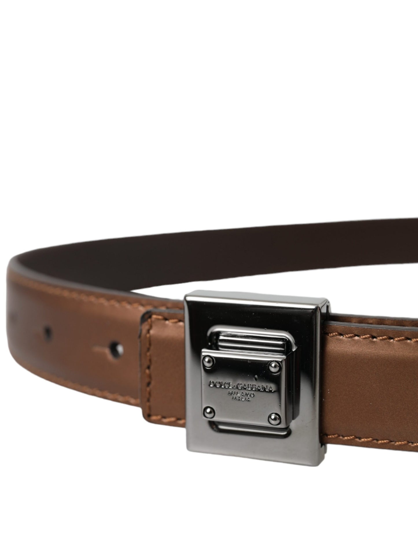 Dolce &amp; Gabbana Bronze Leather Square Metal Buckle Belt