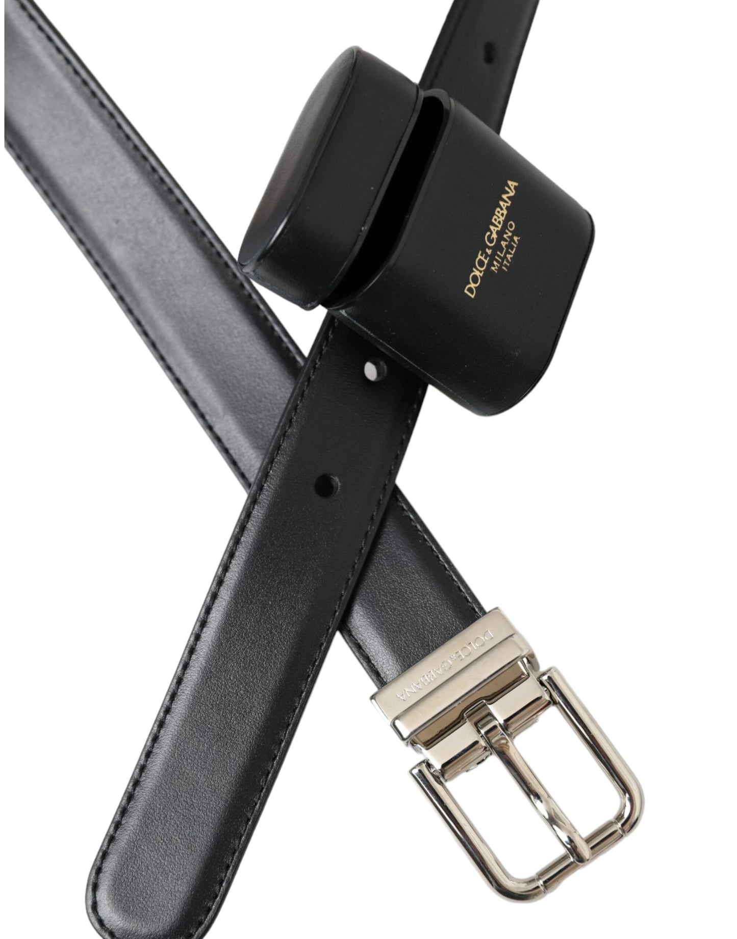 Dolce &amp; Gabbana Black Leather Airpods Case Silver Buckle Belt