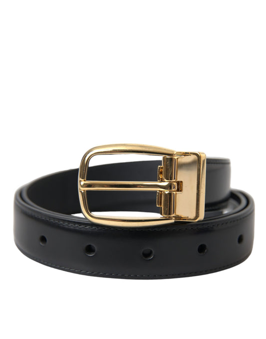 Dolce &amp; Gabbana Black Calf Leather Gold Metal Buckle Belt