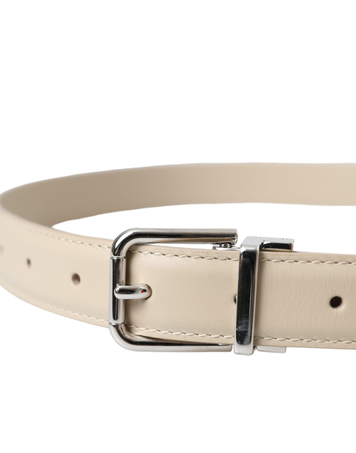 Dolce &amp; Gabbana Beige Calfskin Leather Silver Metal Buckle Belt