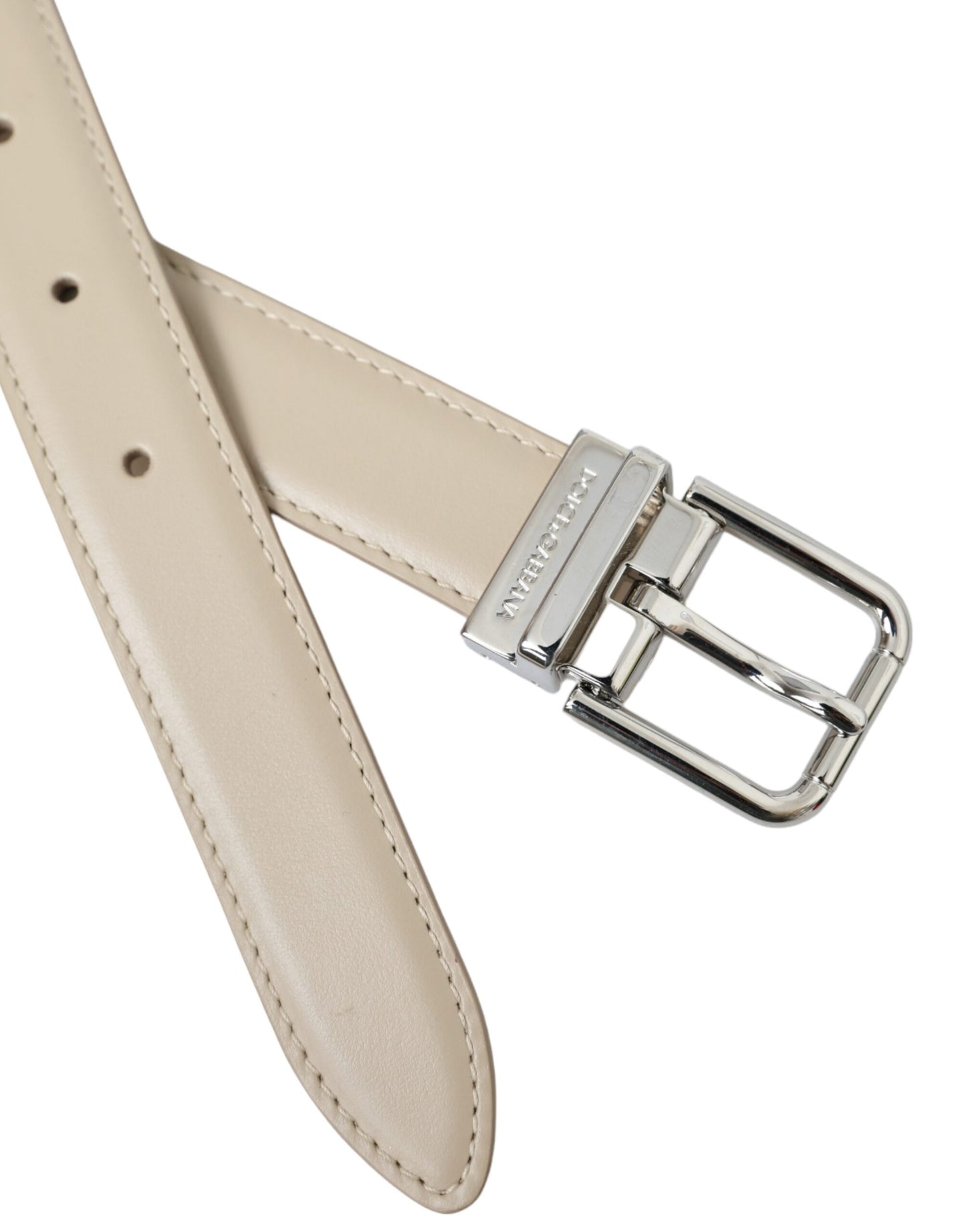 Dolce &amp; Gabbana Beige Calfskin Leather Silver Metal Buckle Belt