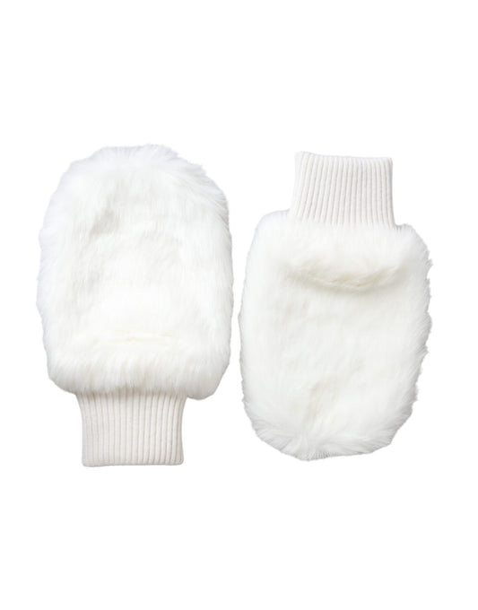 Dolce &amp; Gabbana White Acrylic Knitted Fur Wrist Mitten Gloves