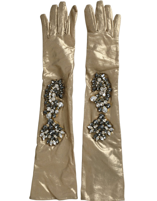 Dolce &amp; Gabbana Beige Satin Crystal Elbow Length Gloves