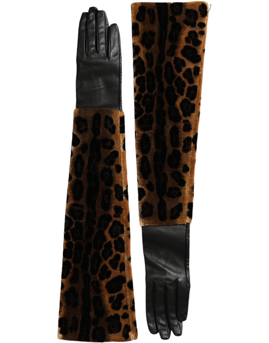 Dolce &amp; Gabbana Brown Black Leopard Leather Elbow Length Gloves