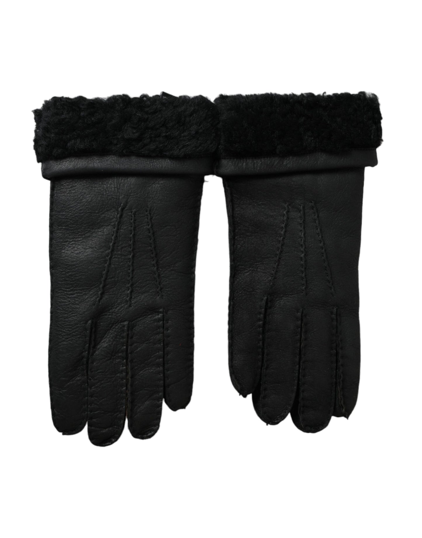 Dolce &amp; Gabbana Black Leather Fur Short Hands Gloves