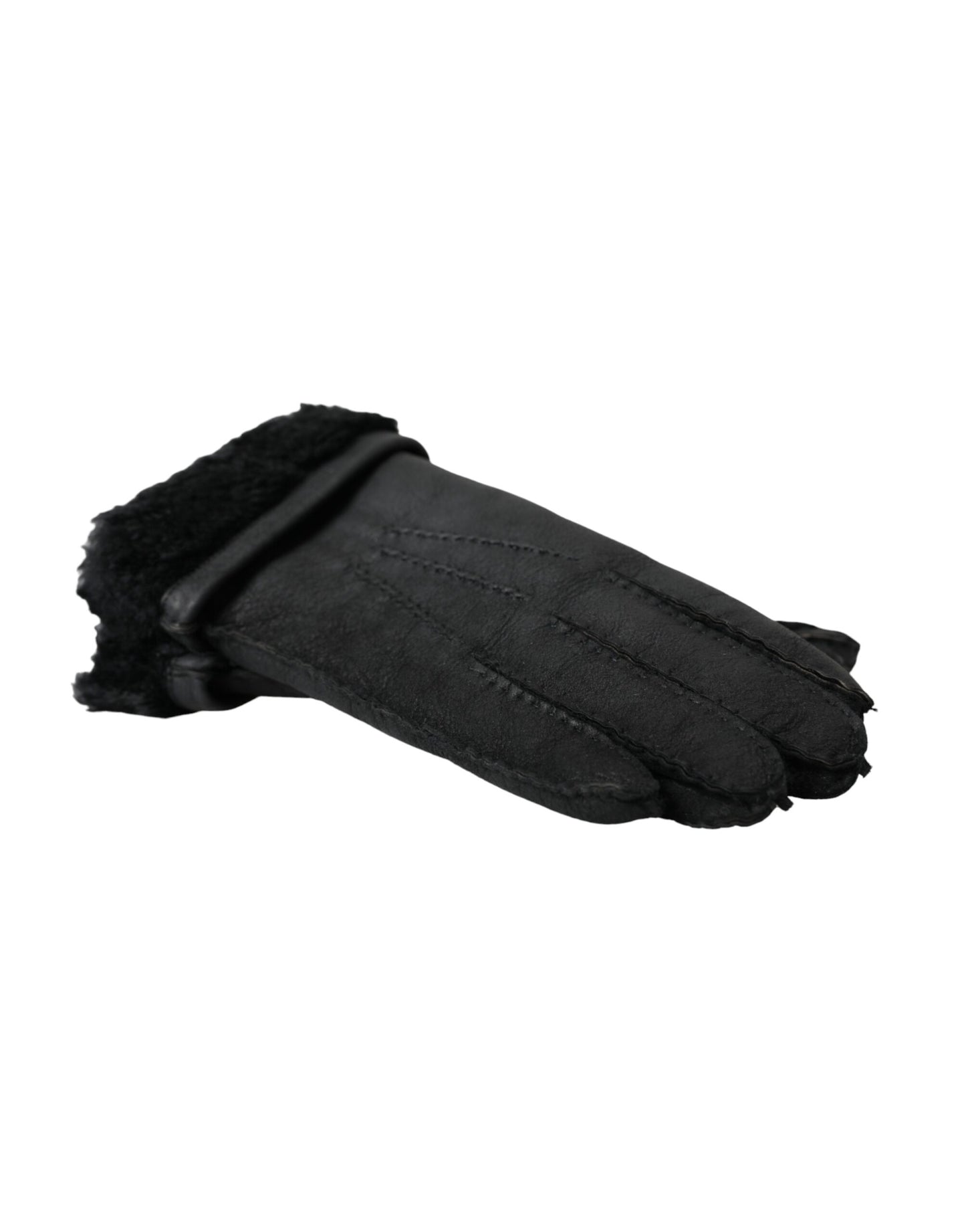 Dolce &amp; Gabbana Black Leather Fur Short Hands Gloves